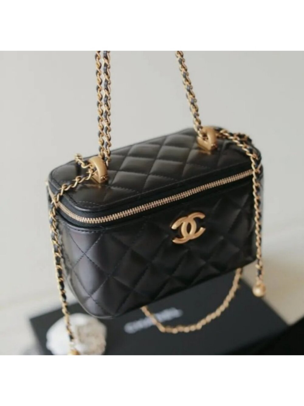 Chanel 24C Double Gold Ball Black Quilted Lambskin Chain Makeup Bag